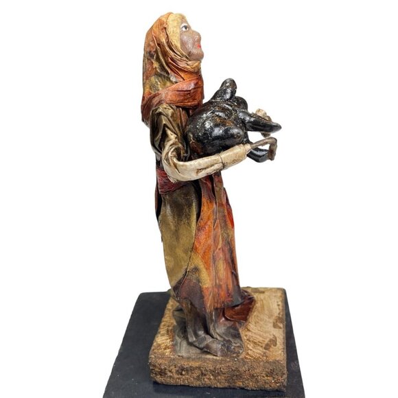 Vintage Paper Mache Old Lady Carrying a Pig Statue Figurine Wood Base 6.5 in H - Picture 2 of 8